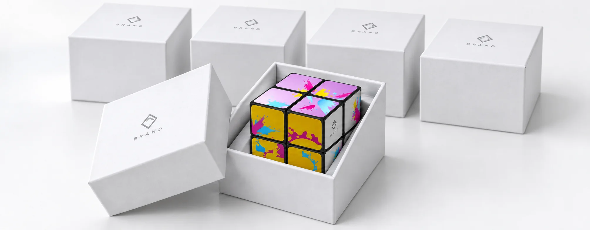 Individually boxed custom puzzle cubes prepared for shipping