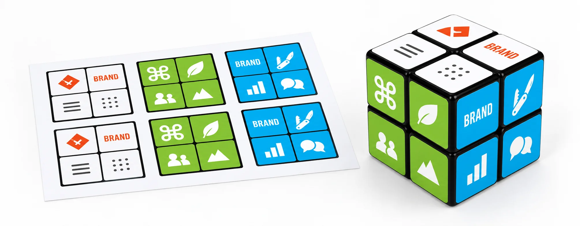 Approved six-face artwork layout beside finished custom puzzle cube