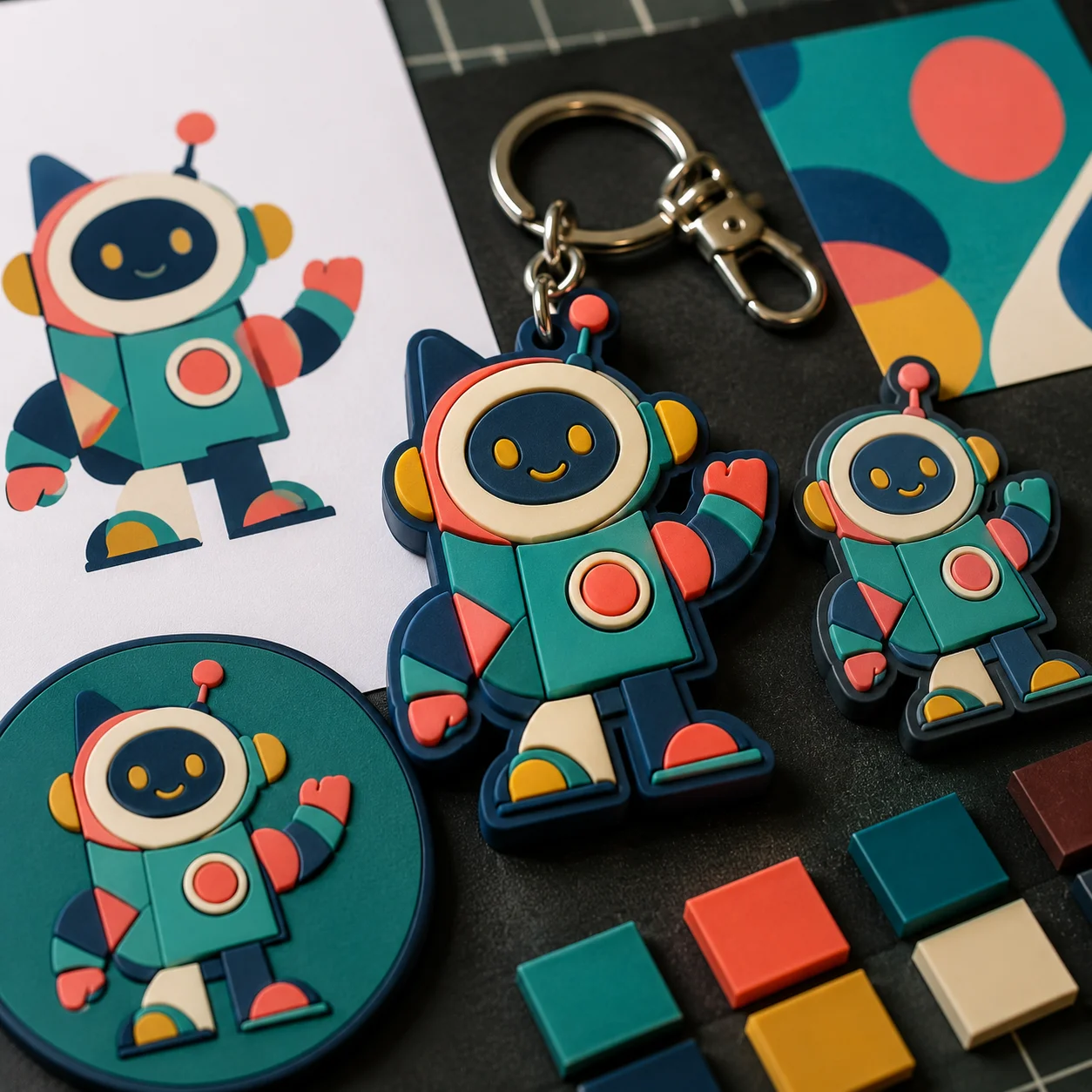 Custom PVC keychain, magnet and coaster with matching brand artwork and packaging