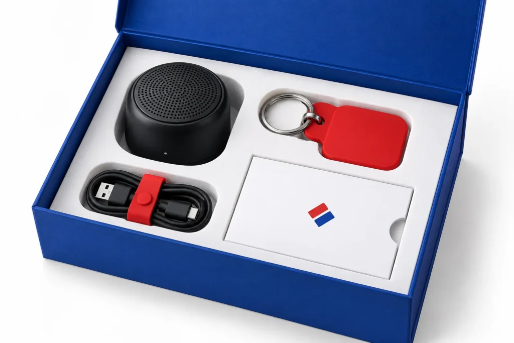 Custom rigid presentation box with promotional tech accessories and PVC keychain