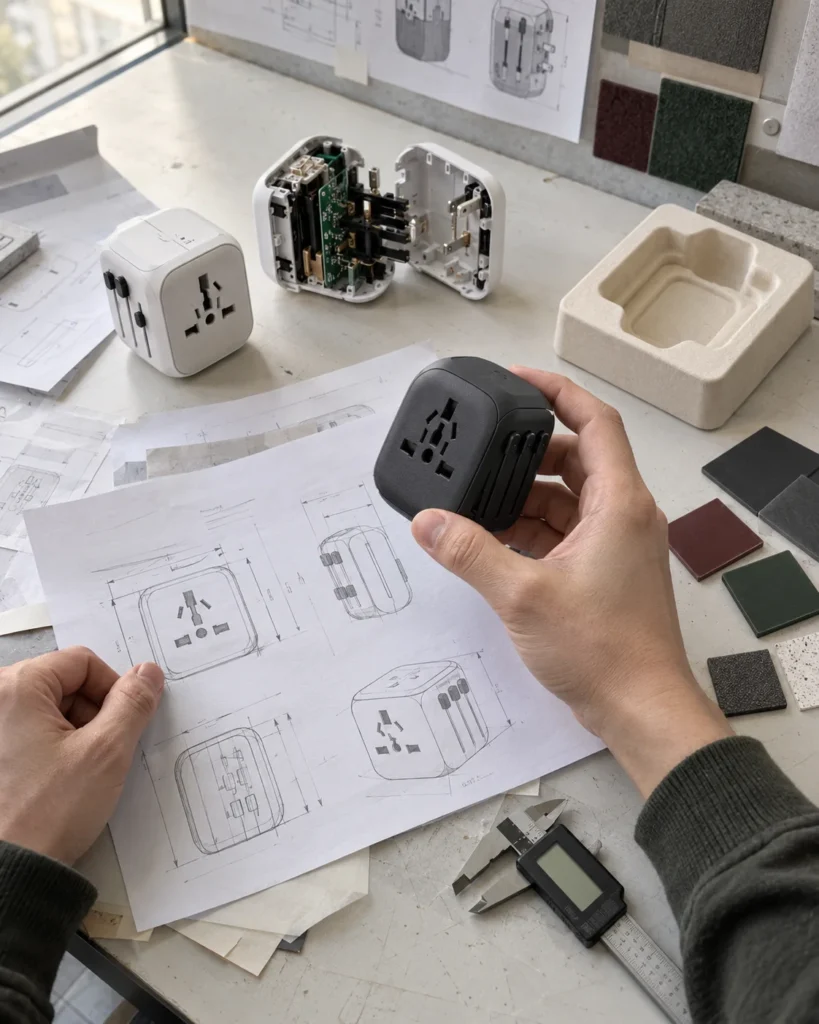 Custom travel adapter design review with casing prototypes, components, material samples and technical drawing.