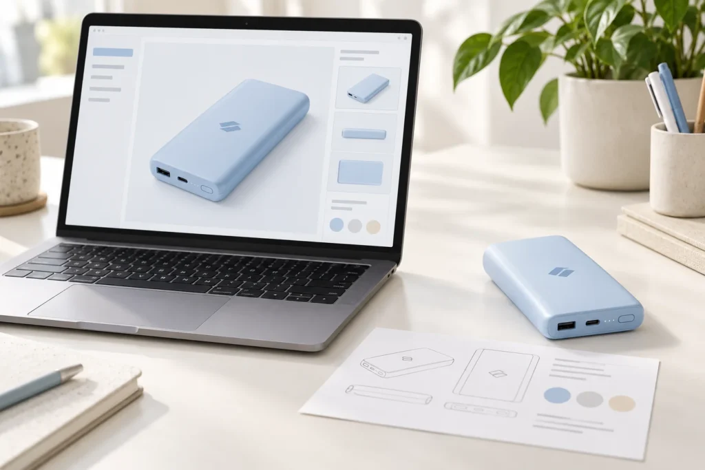 Digital customization mockup and physical promotional product sample used for project approval