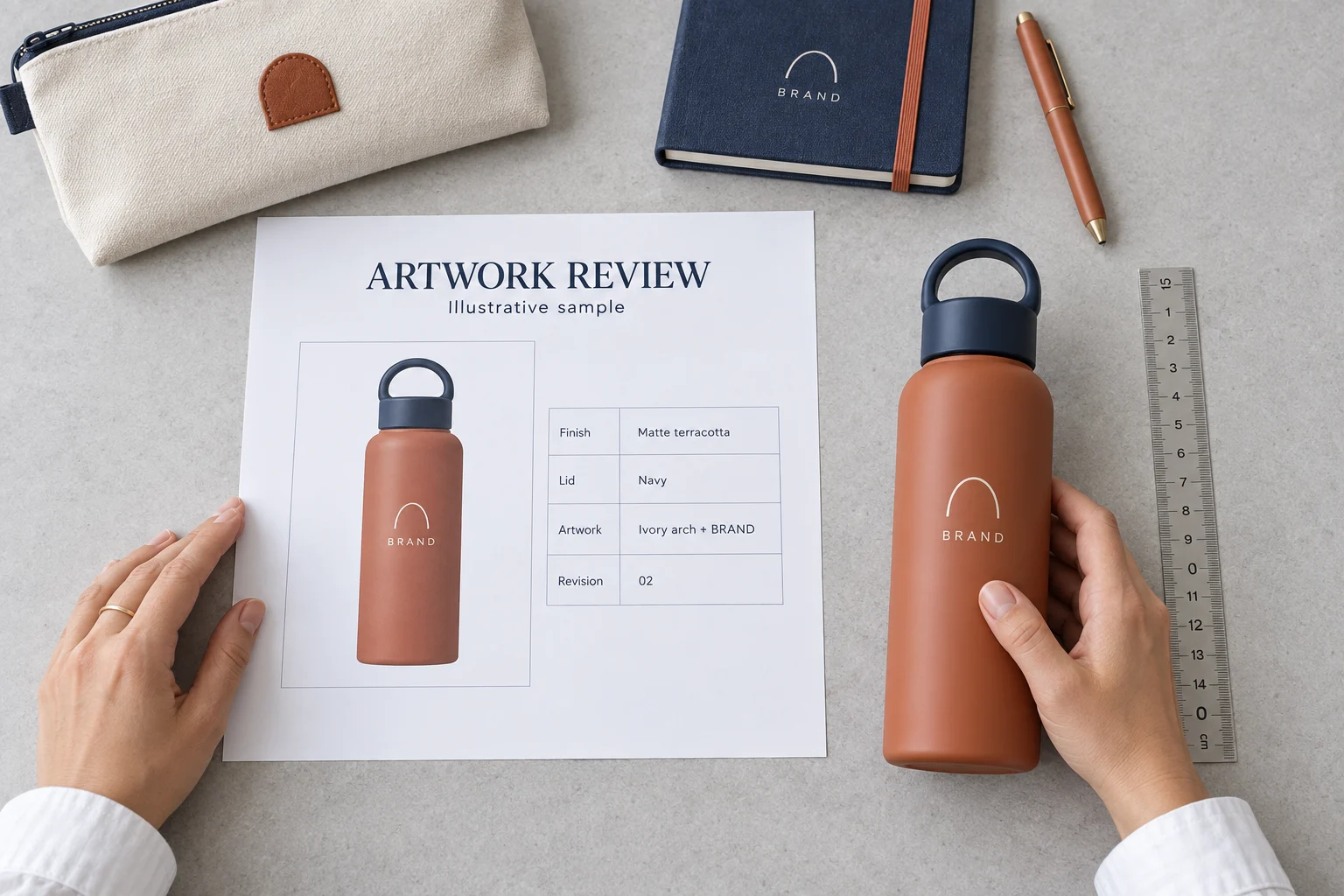 Hands compare a printed bottle artwork proof with a terracotta pre-production sample.