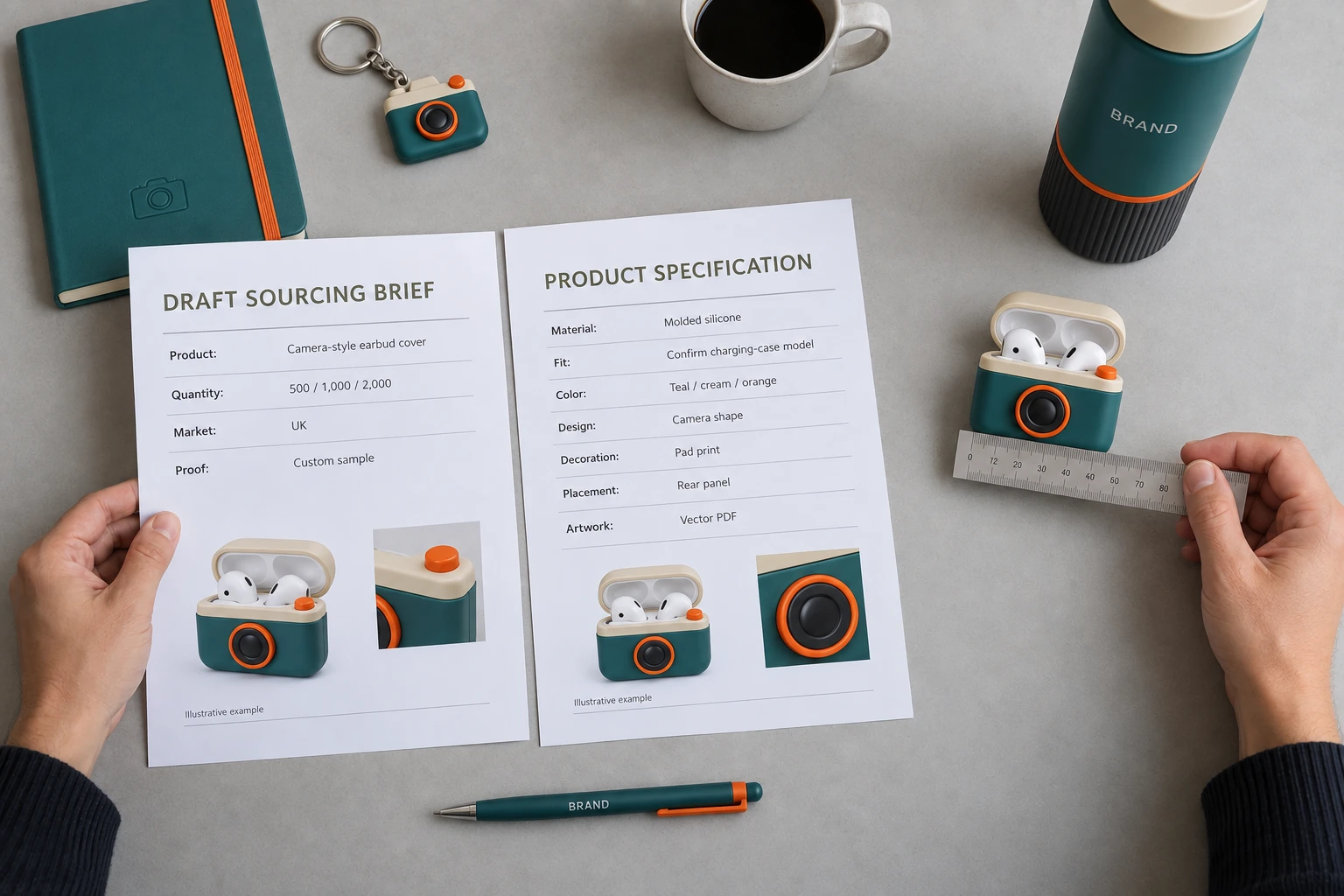 Woman drafting a sourcing brief beside a camera-shaped earbud case, tumbler bottle, diary, keychain, and pen.
