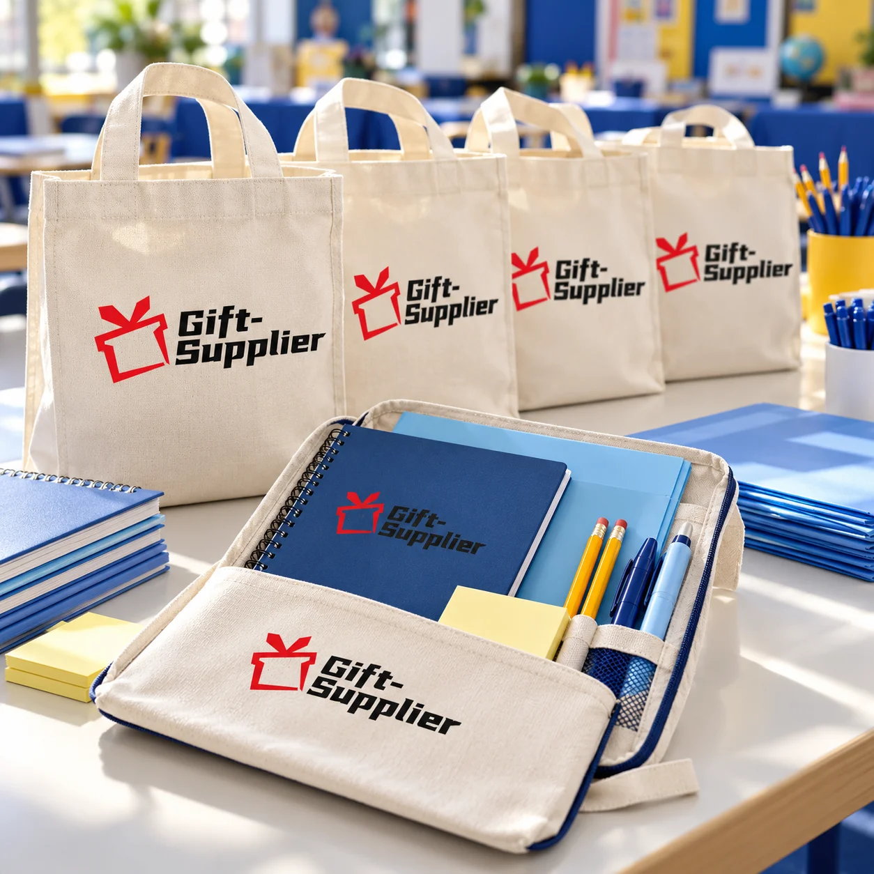 Branded stationery packs with exercise books, pens and folders for education outreach