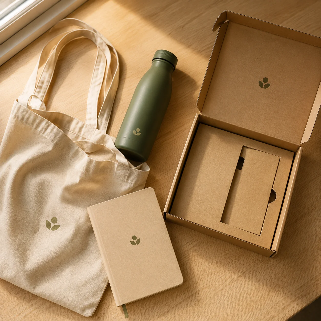 Employee welcome kit with branded tote, reusable bottle, notebook and presentation box