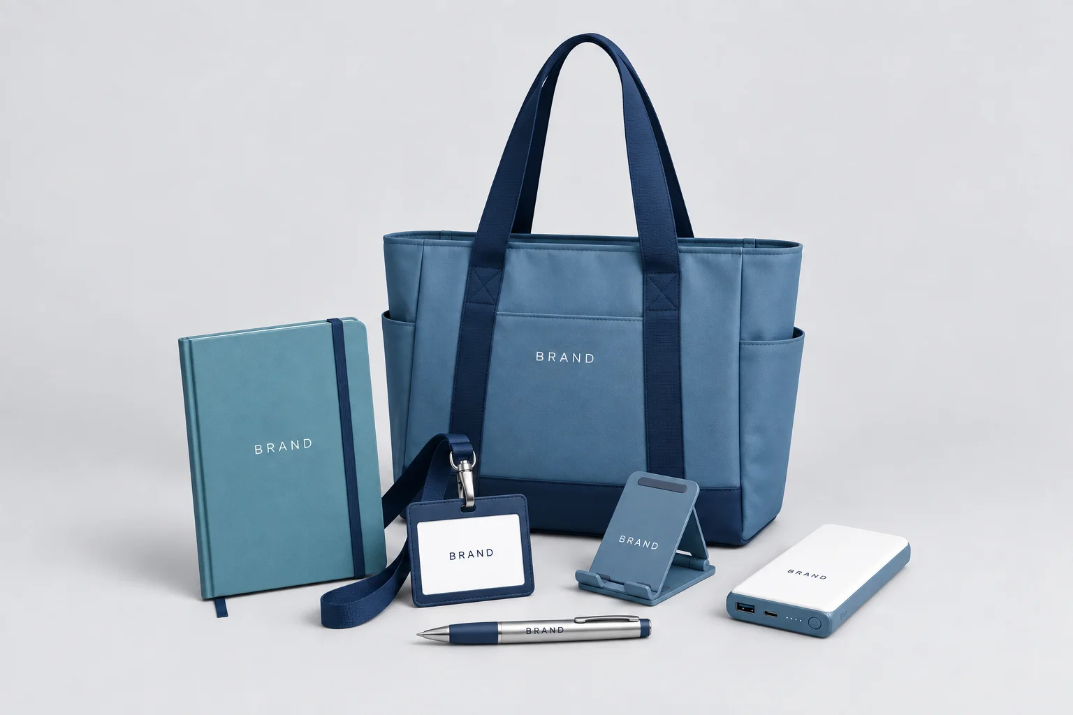 Financial conference giveaways with a tote bag, badge holder, notebook and power bank