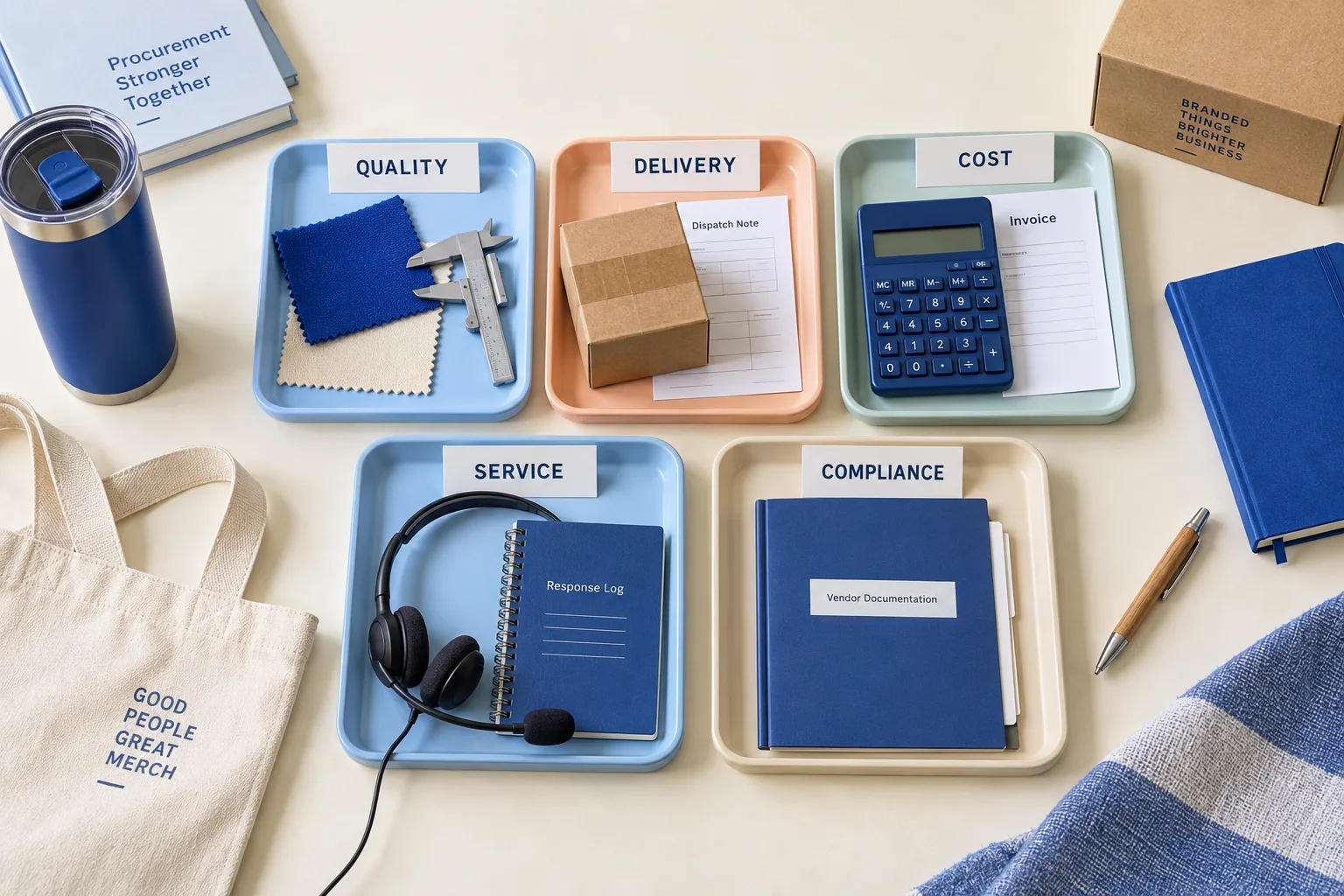 Seven-step workflow for building and using a promotional products vendor scorecard.