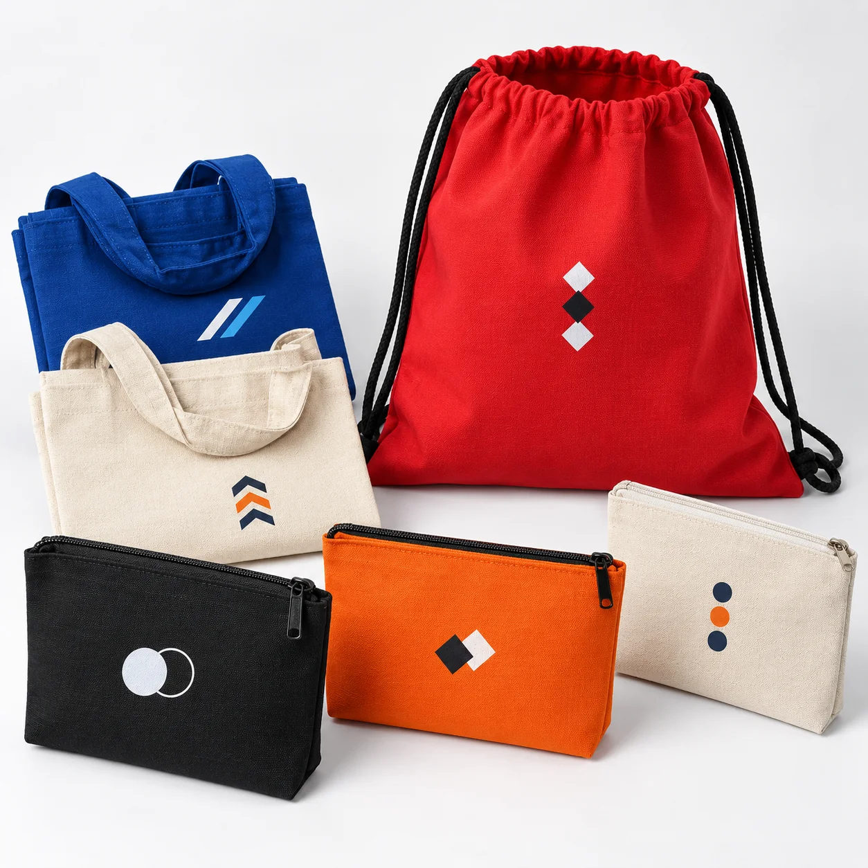 Foldable promotional bags and zippered fabric pouches in bold stock colors