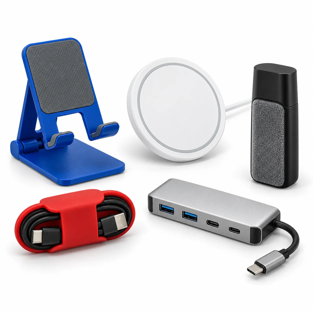 Phone stand, wireless charger and cable accessories shown as promotional technology products