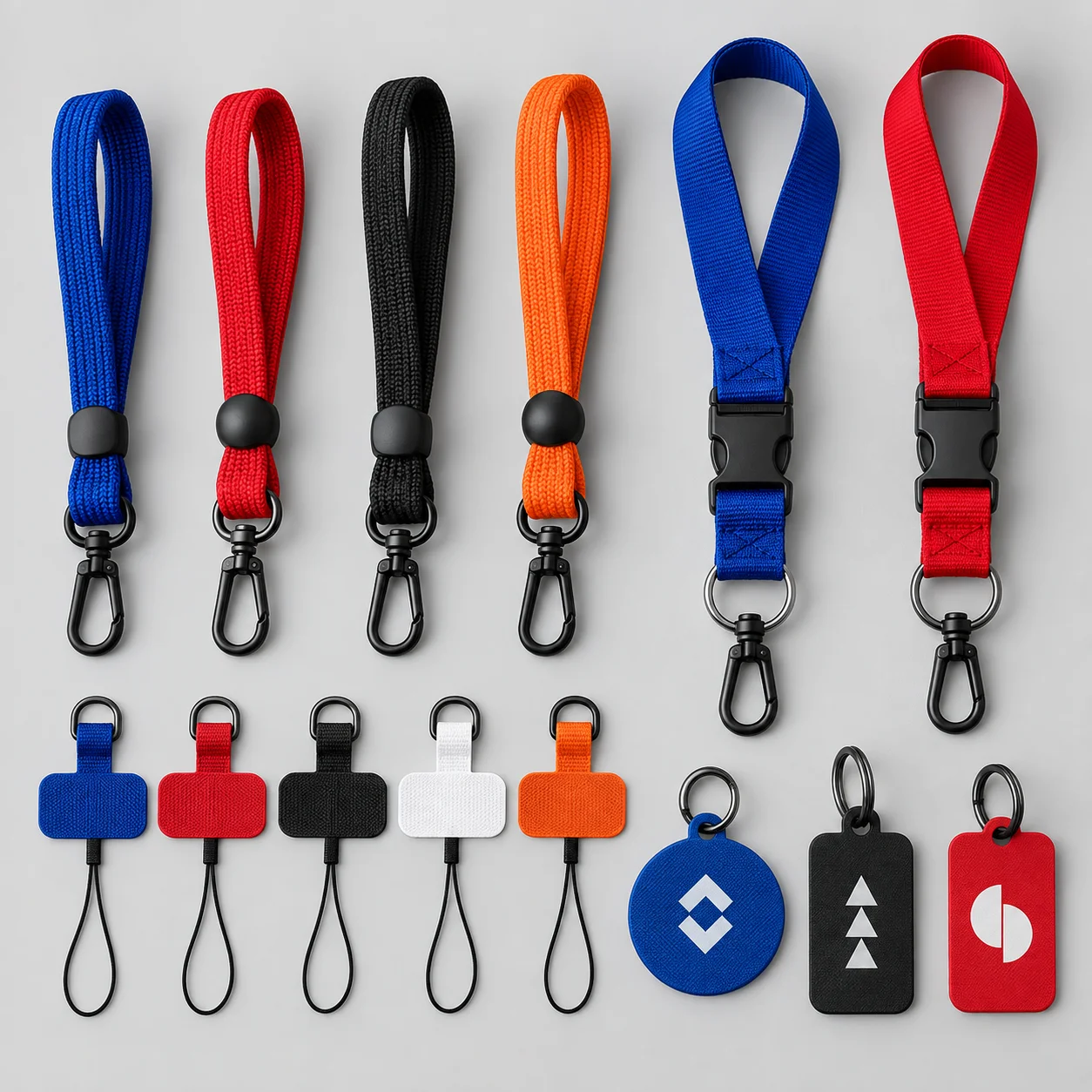 Colorful phone straps, connector tabs and small promotional accessories