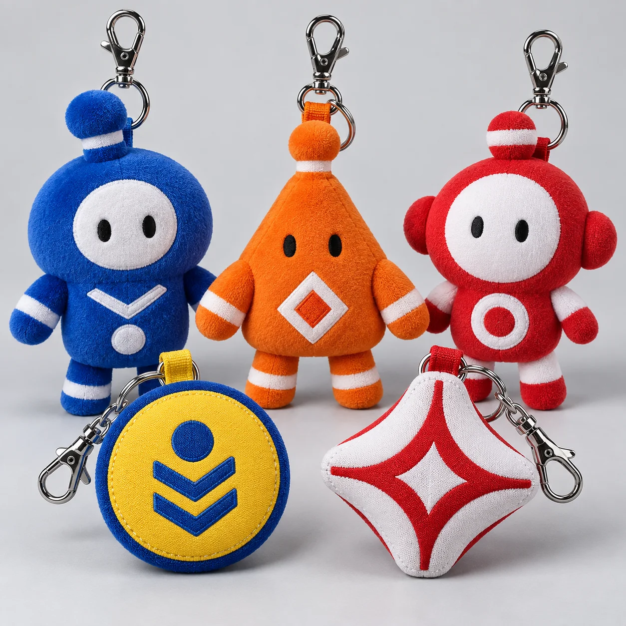 Plush mascot bag charms and textile accessories displayed for promotional projects
