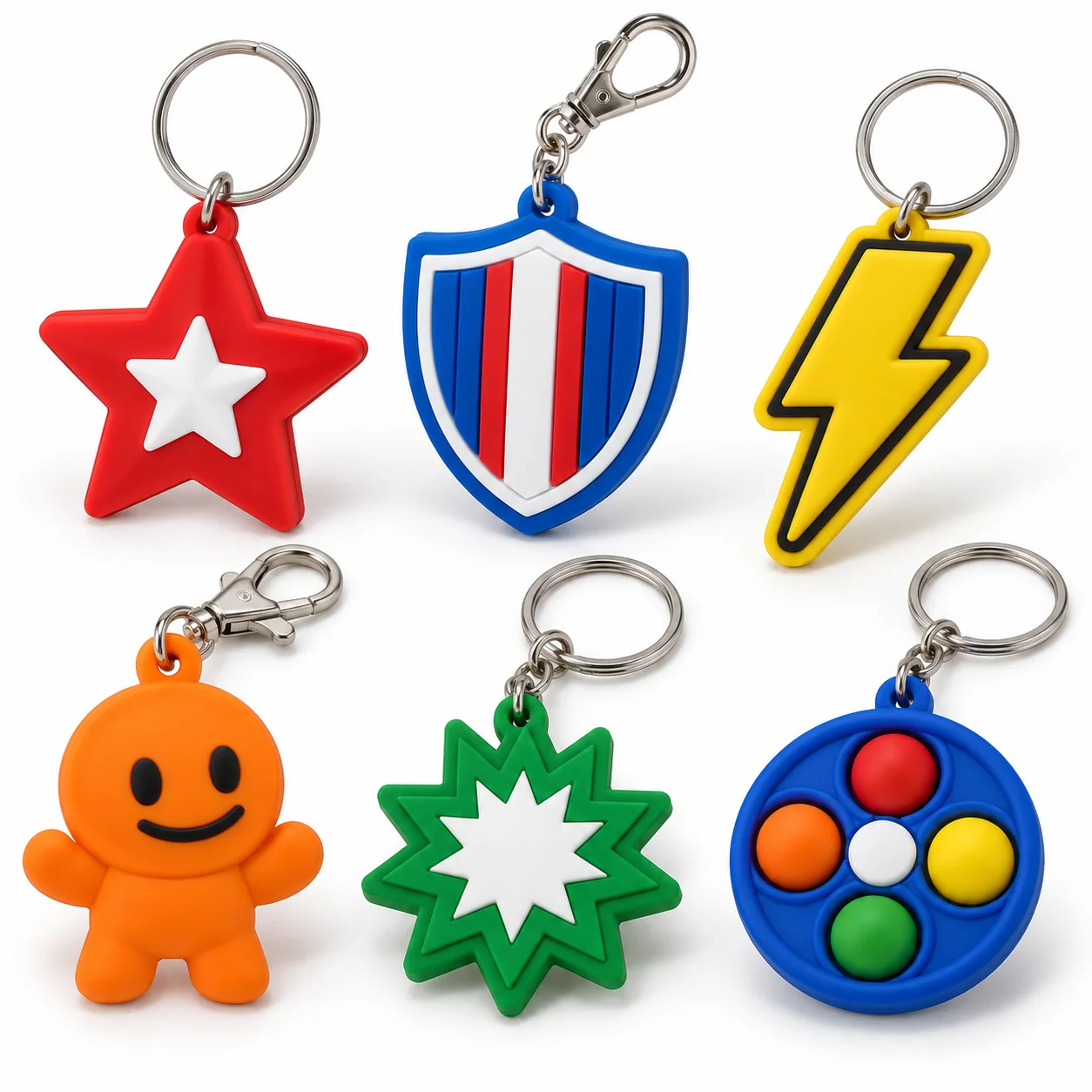 Colorful PVC keychains and molded charms displayed for promotional product sourcing