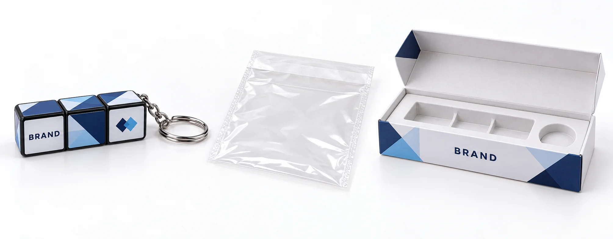 Custom folding block keychain displayed with individual retail presentation packaging options

