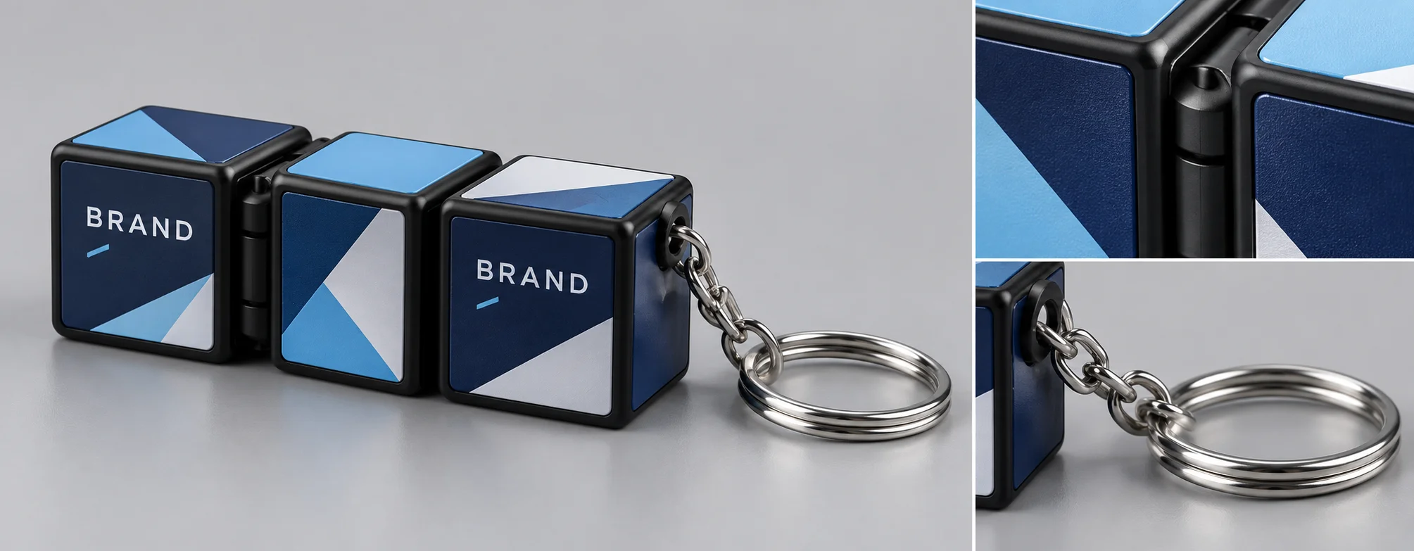 Technical specifications view of a custom folding block keychain highlighting ABS plastic and hinge durability
