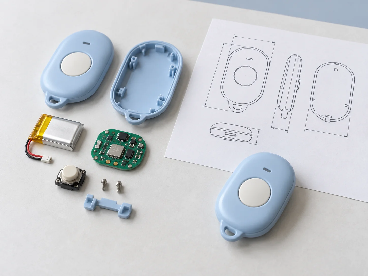 Functional promotional product prototype with casing components and dimension reference