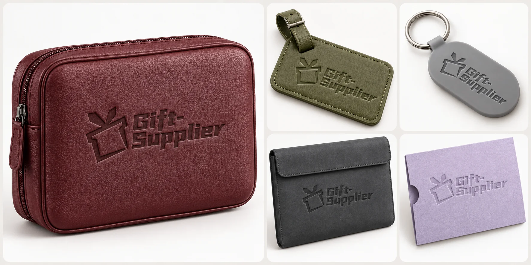 Embossed and debossed Gift Supplier logos on organizers, luggage tags, key fobs, sleeves and packaging