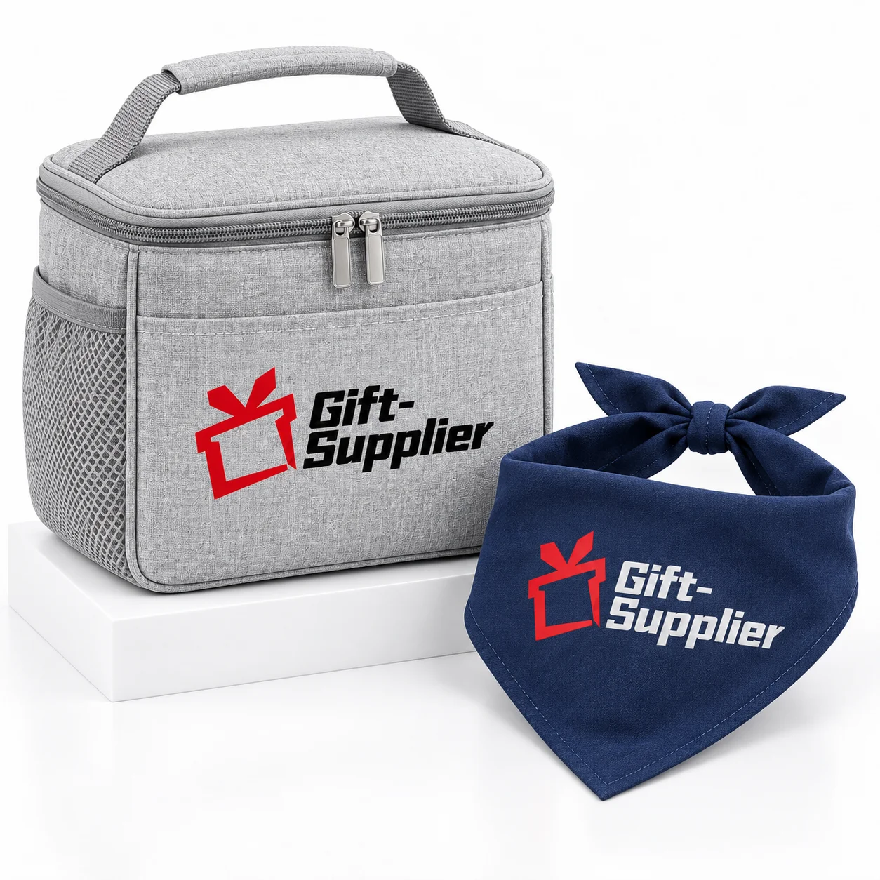 Gift Supplier logo heat transferred onto a lunch bag and pet bandana