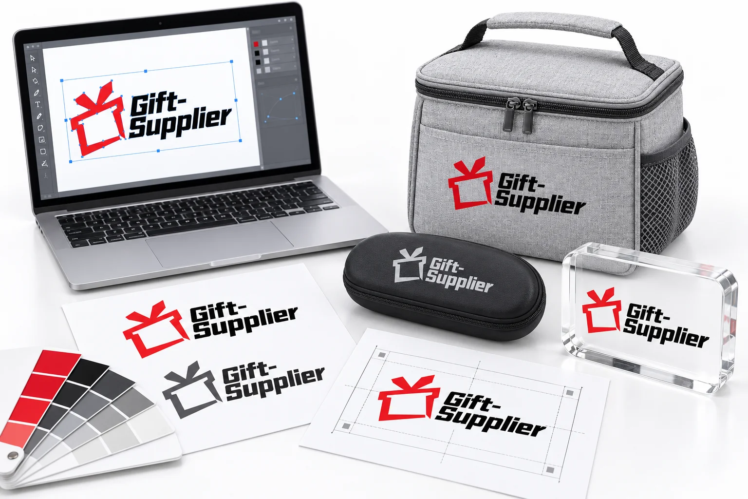 Gift Supplier logo artwork, color references and promotional product mockups prepared for printing