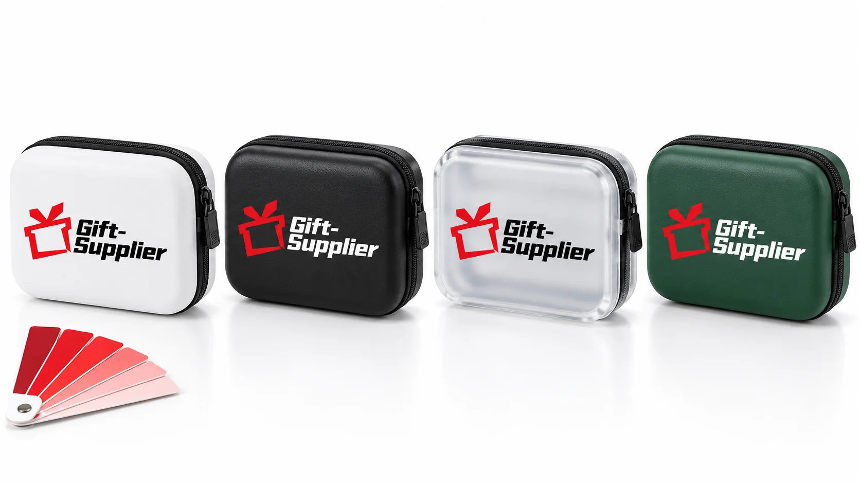 Gift Supplier logo color and finish compared on white, black, frosted and green product surfaces