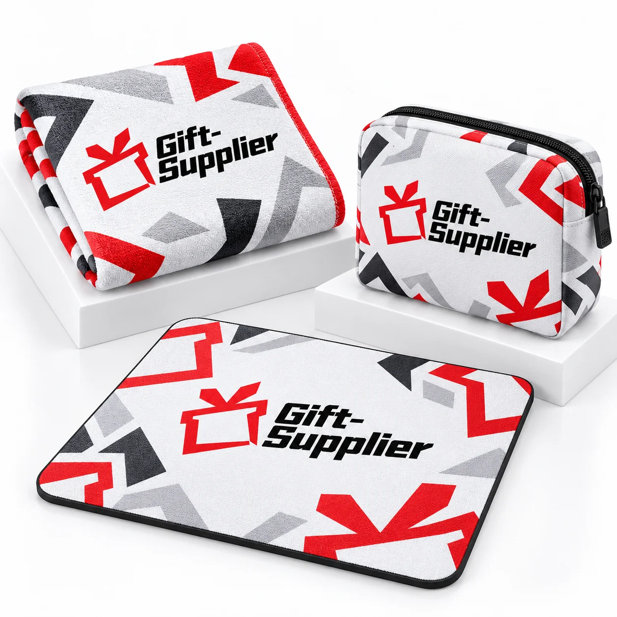 Gift Supplier logo sublimated on a sports towel, mouse pad and zip pouch