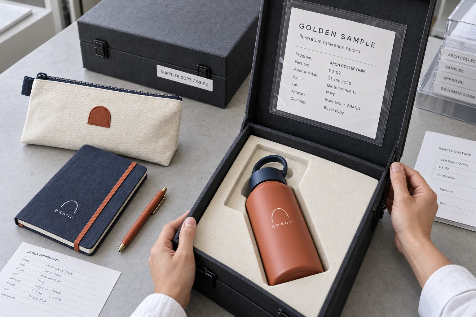 Terracotta golden sample in a protective case with a dated reference card and a labeled supplier-copy case.
