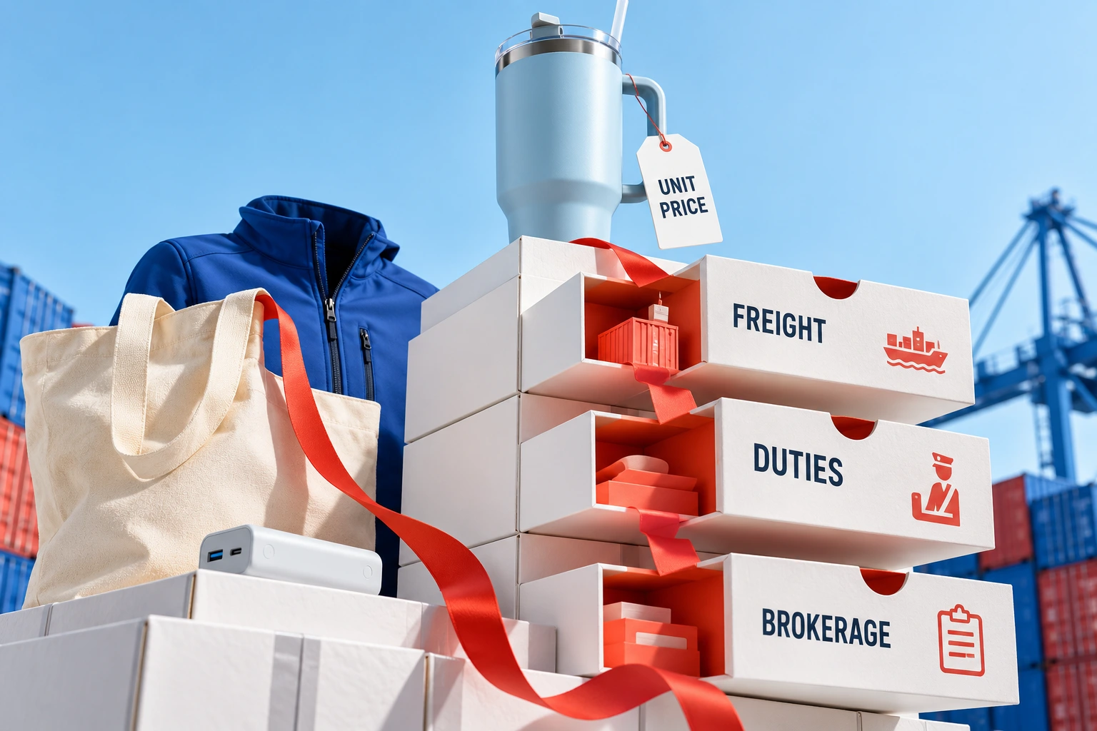Stacked boxes labeled Freight, Duties, and Brokerage connected by a red ribbon beneath a blue tumbler tagged Unit Price, set against a shipping container port backdrop.