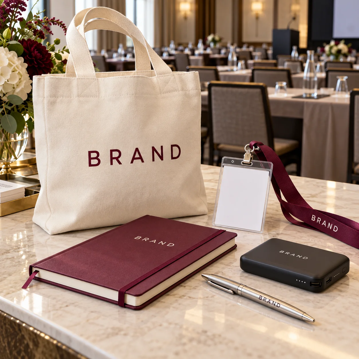 Branded stationery and accessories at a hotel conference desk