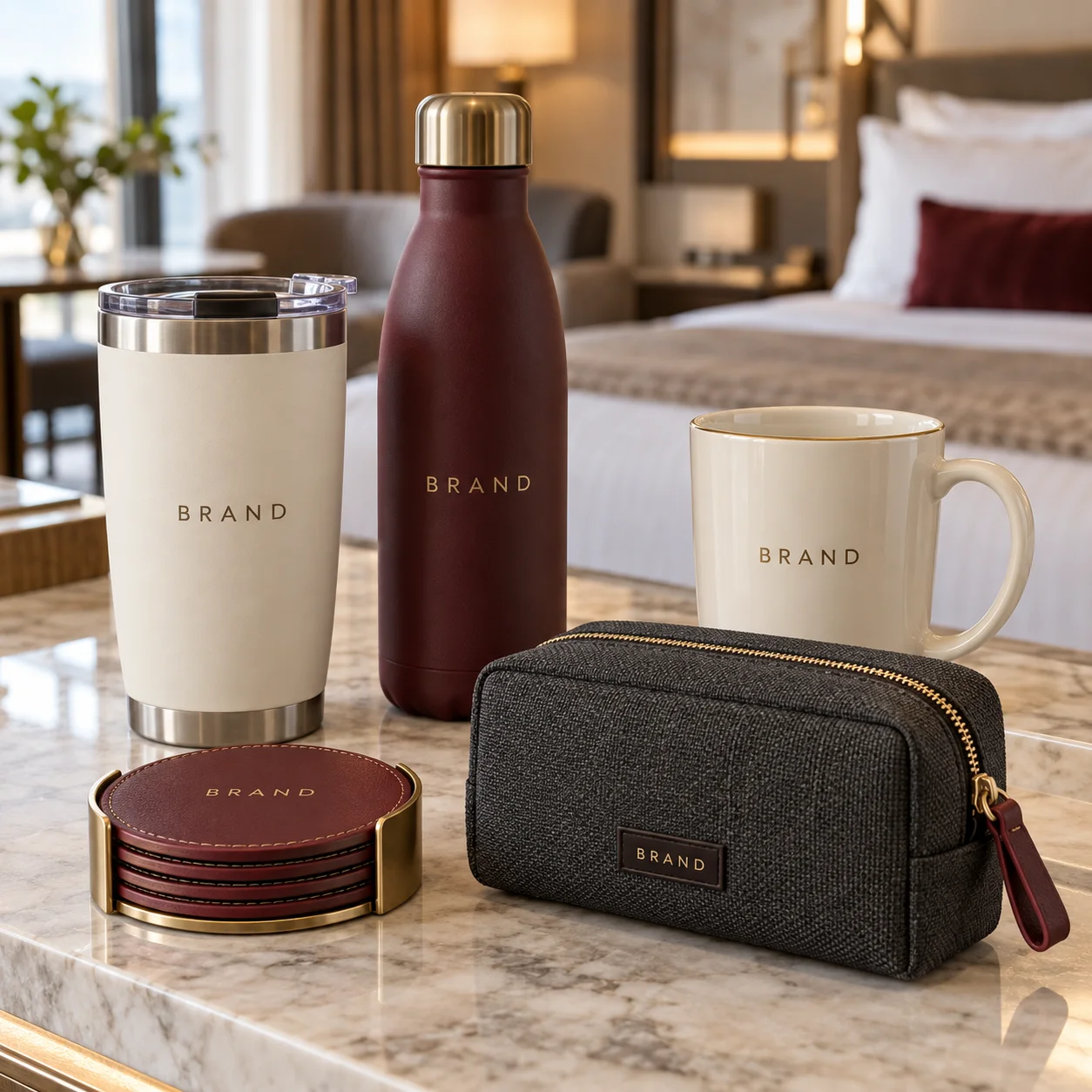 Branded hotel drinkware and guest accessories on a refreshment counter