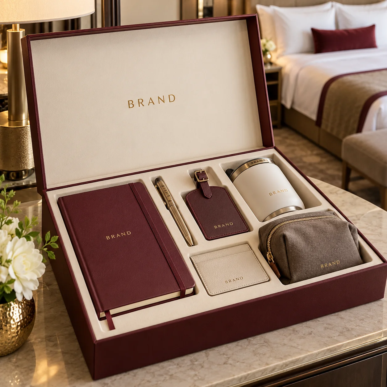 Branded hotel guest welcome set displayed in a guest room