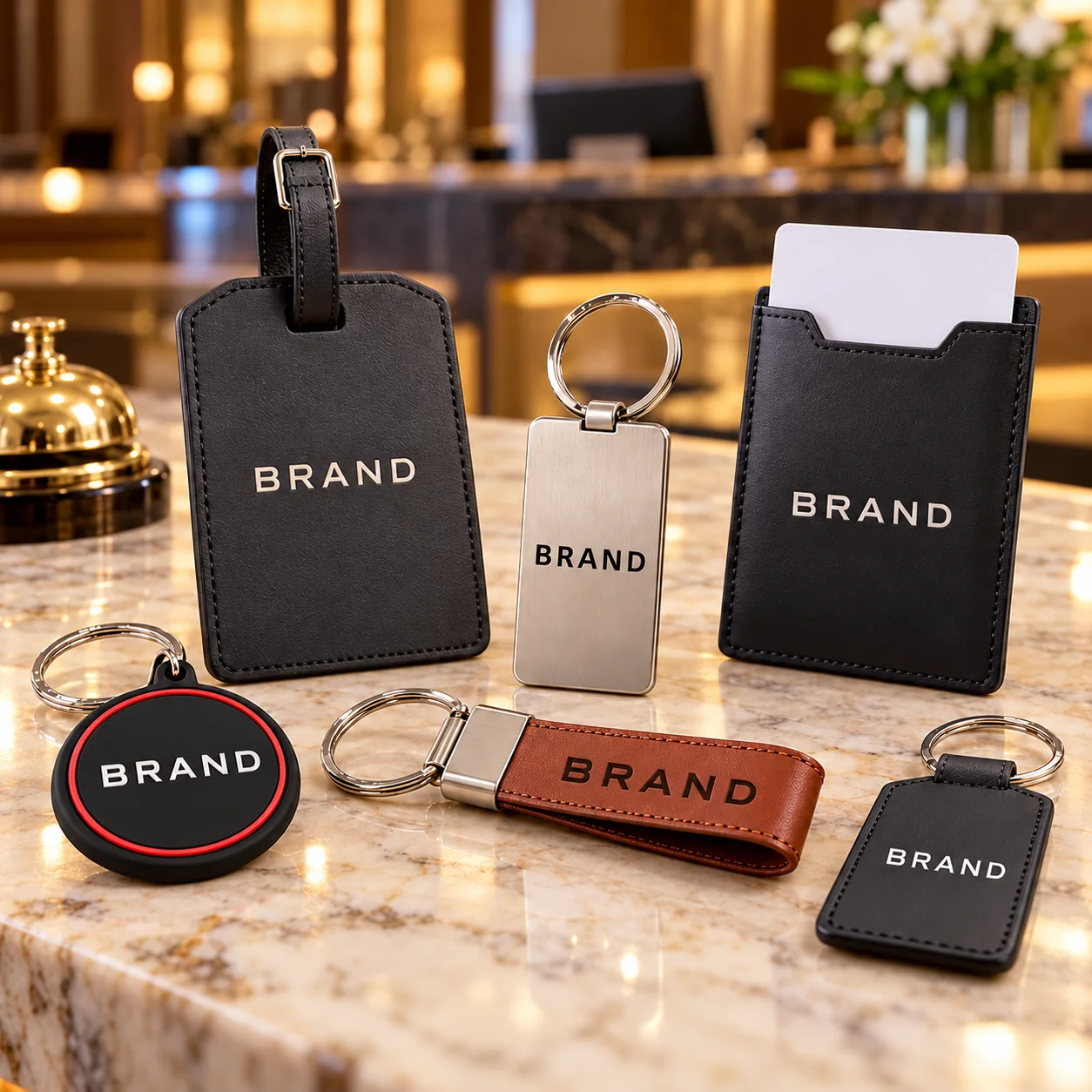 Custom hotel keychains and key-card holders on a reception counter