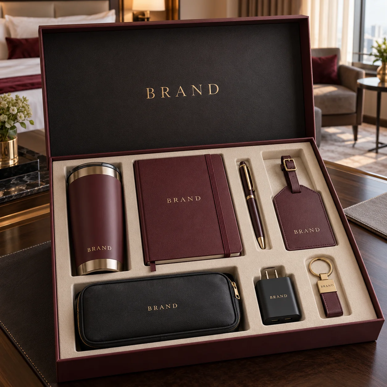 Premium branded hotel guest gift set displayed in a suite