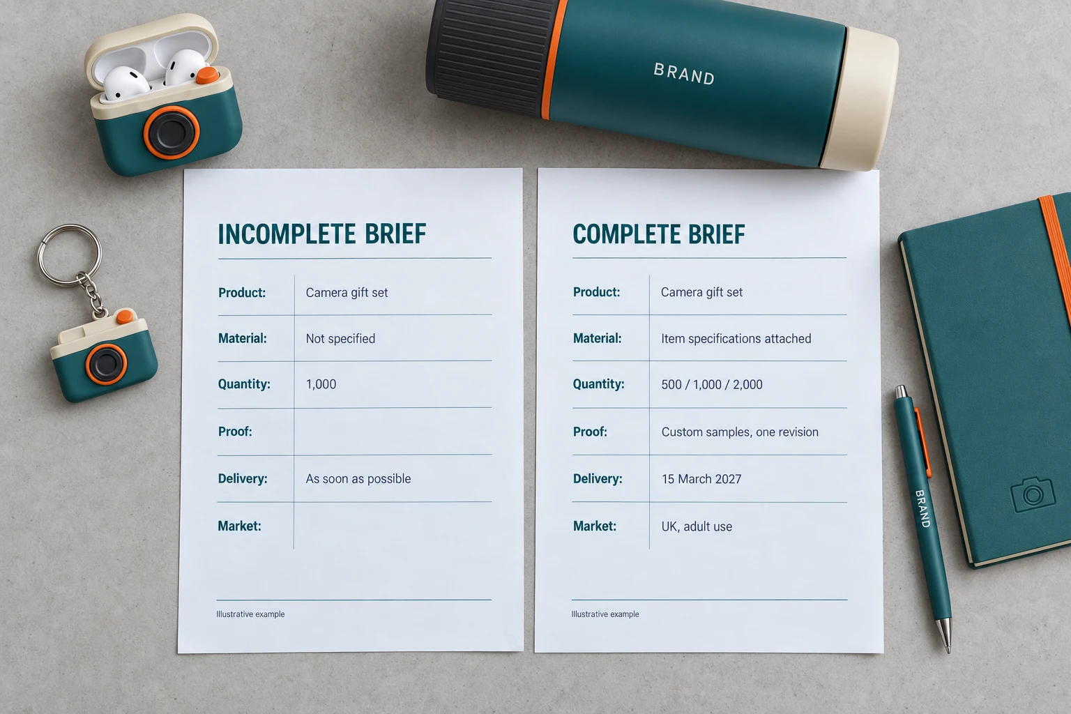 Incomplete and completed sourcing briefs side by side with a camera-shaped earbud case, tumbler, keychain, diary, and pen.