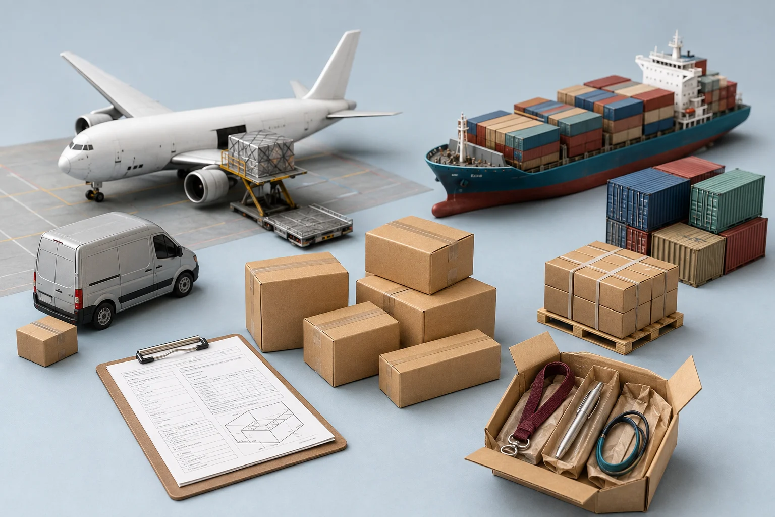 Air freight, sea freight and courier options for international promotional product delivery