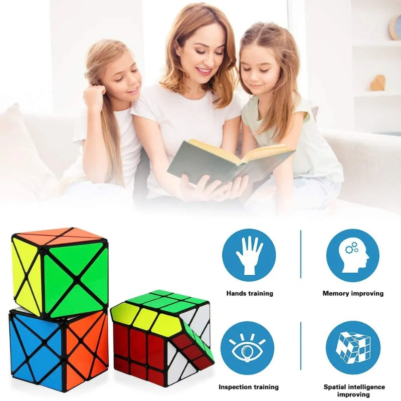 Infographic display highlighting cognitive benefits and features of the irregular speed cube set