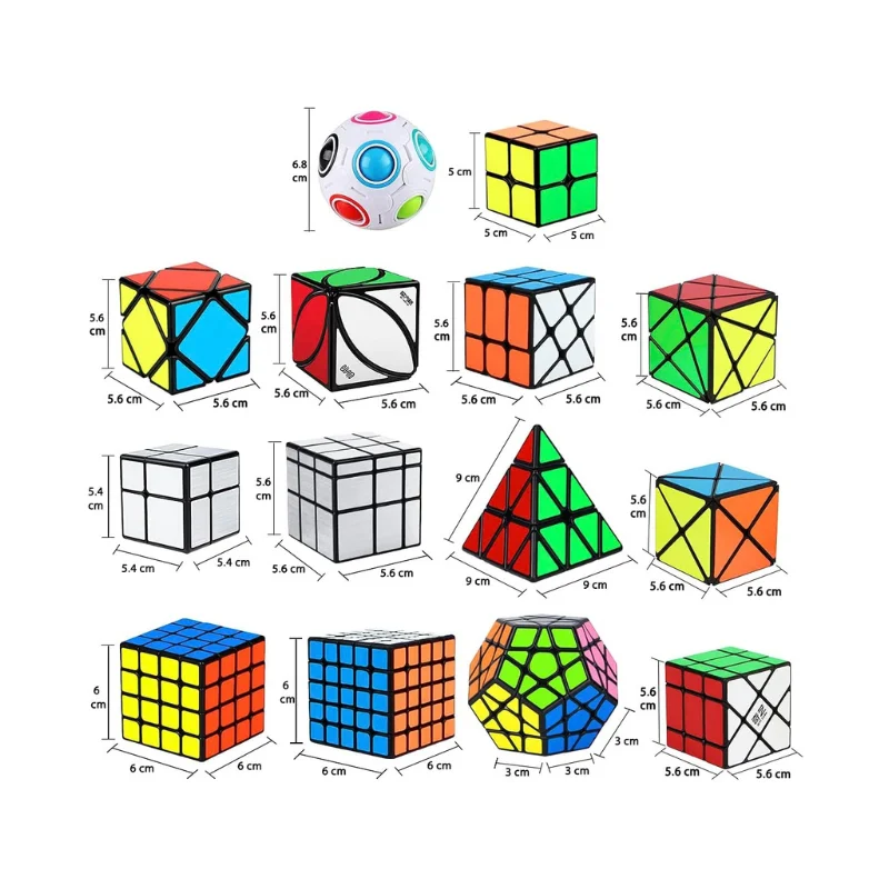 Dimension layout of irregular speed cube set showing scale and proportion details for each puzzle