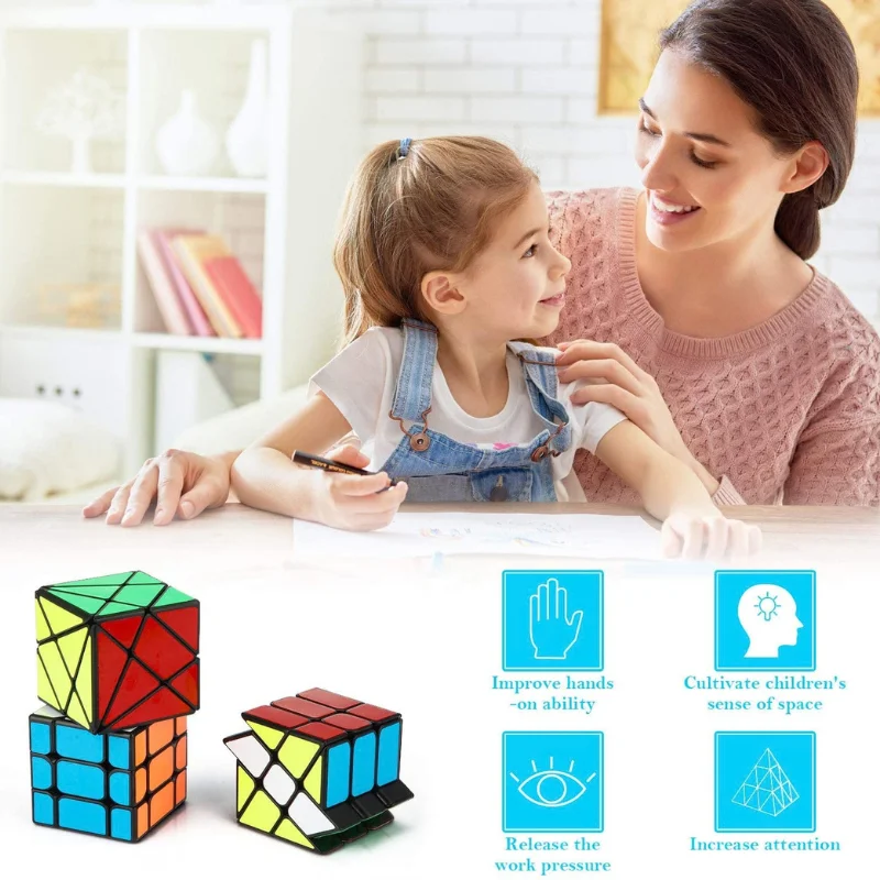 Family enjoying educational play with the irregular speed cube set demonstrating warm family time