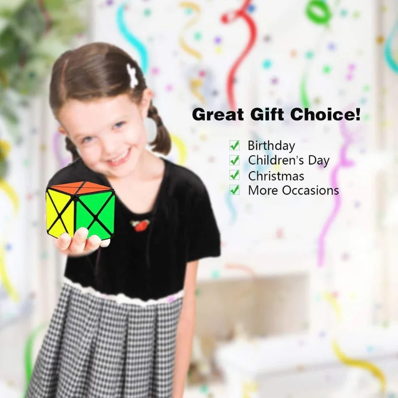 Young girl holding an irregular speed cube set puzzle demonstrating gift appeal and play