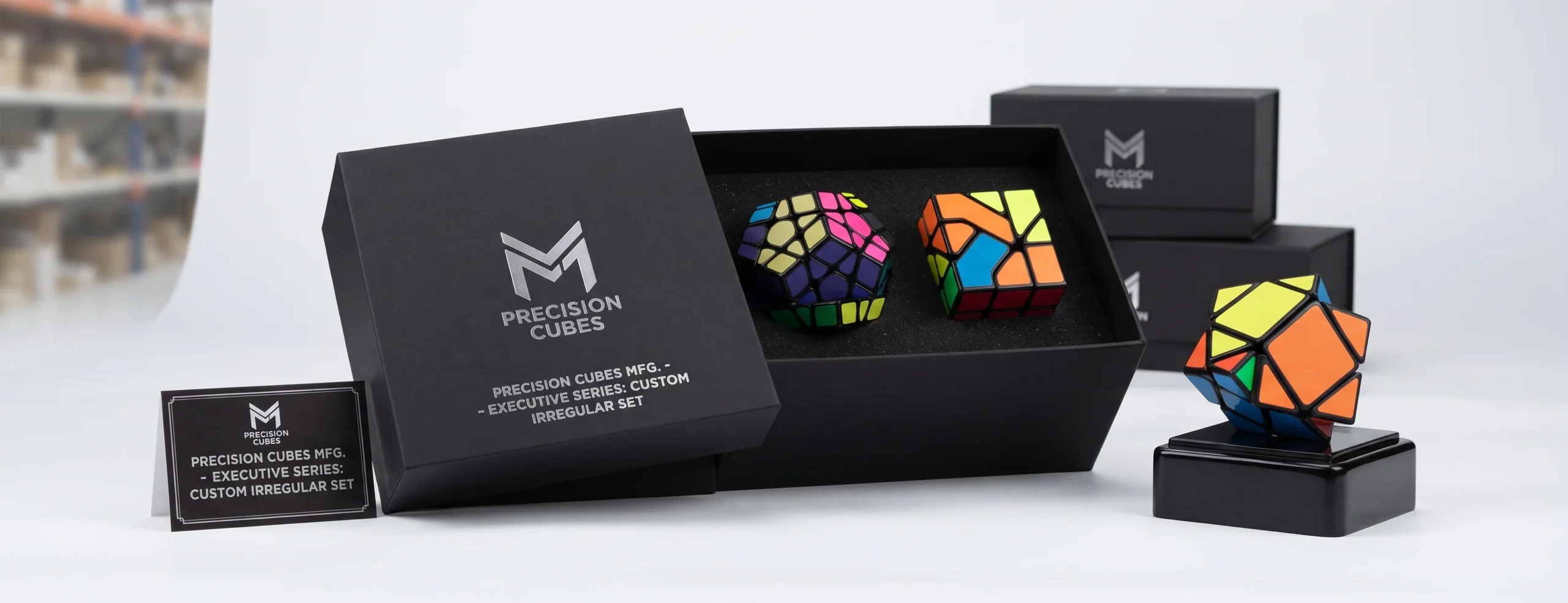 Custom irregular speed cube set displayed with individual retail presentation gift box packaging