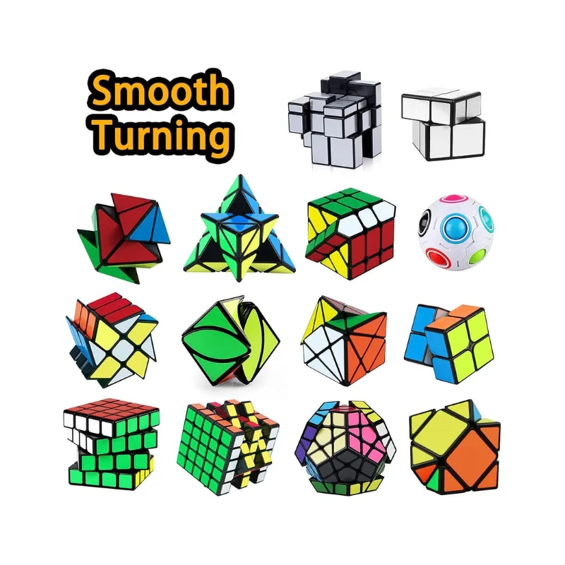 Assorted grid display of irregular speed cube set featuring smooth turning and diverse puzzle shapes
