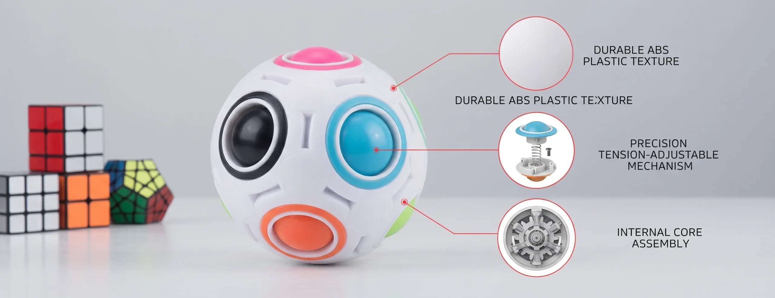 Technical specifications view of a custom irregular speed cube set highlighting ABS plastic and PVC sticker build quality