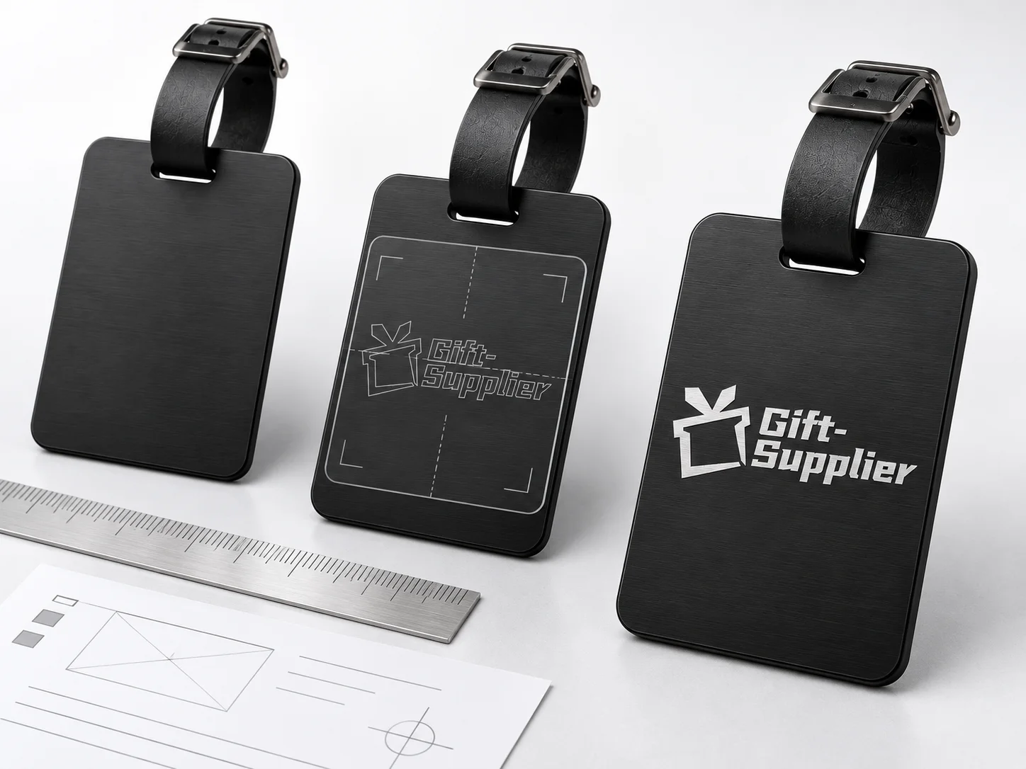 Gift Supplier logo placement and finished laser engraving reviewed on a metal luggage tag