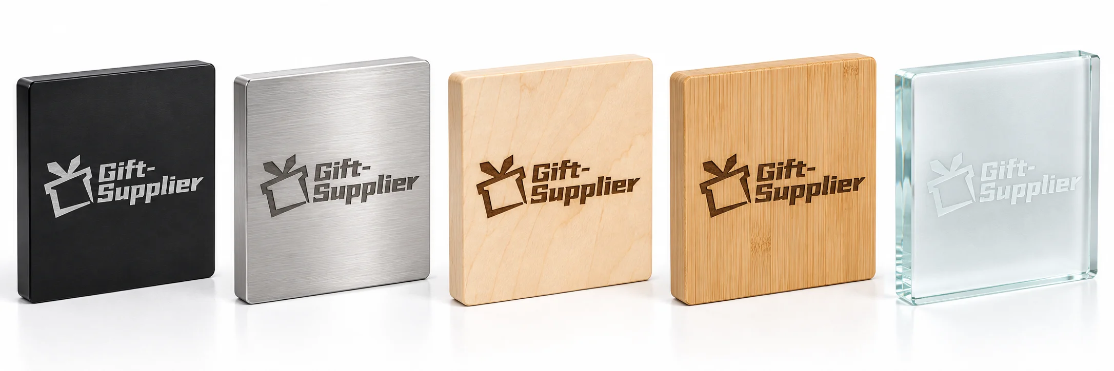 Gift Supplier logo laser engraved on metal, wood, bamboo and glass surfaces
