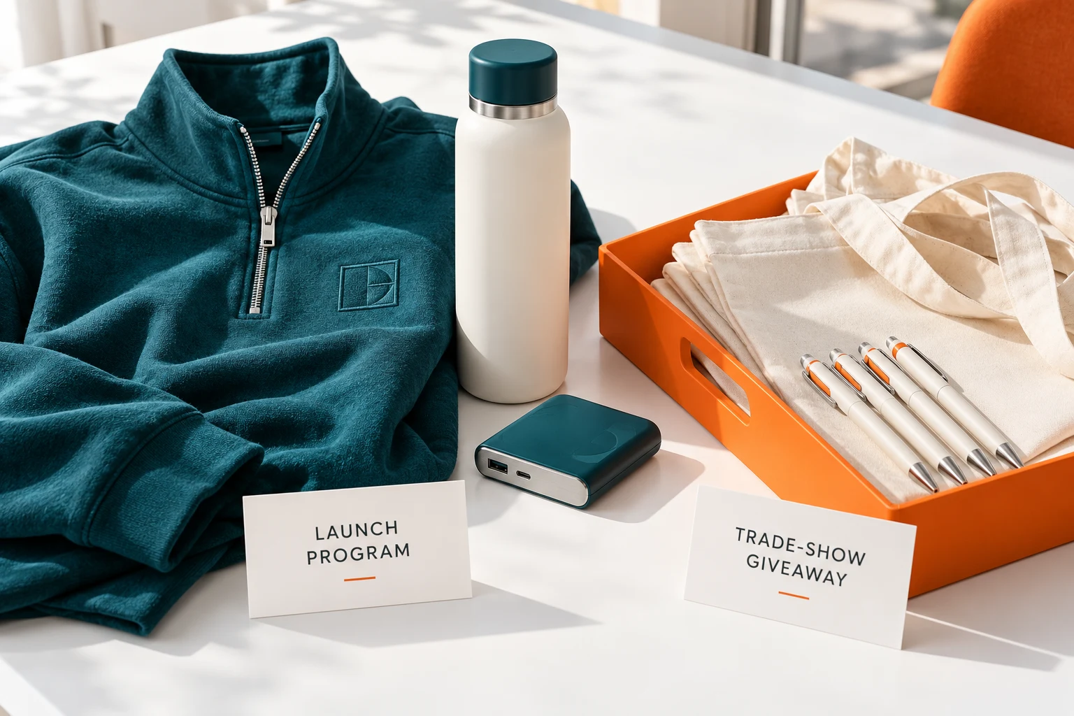 Side-by-side comparison of premium launch apparel and tech accessories next to an orange tray with trade-show tote bags and pens.