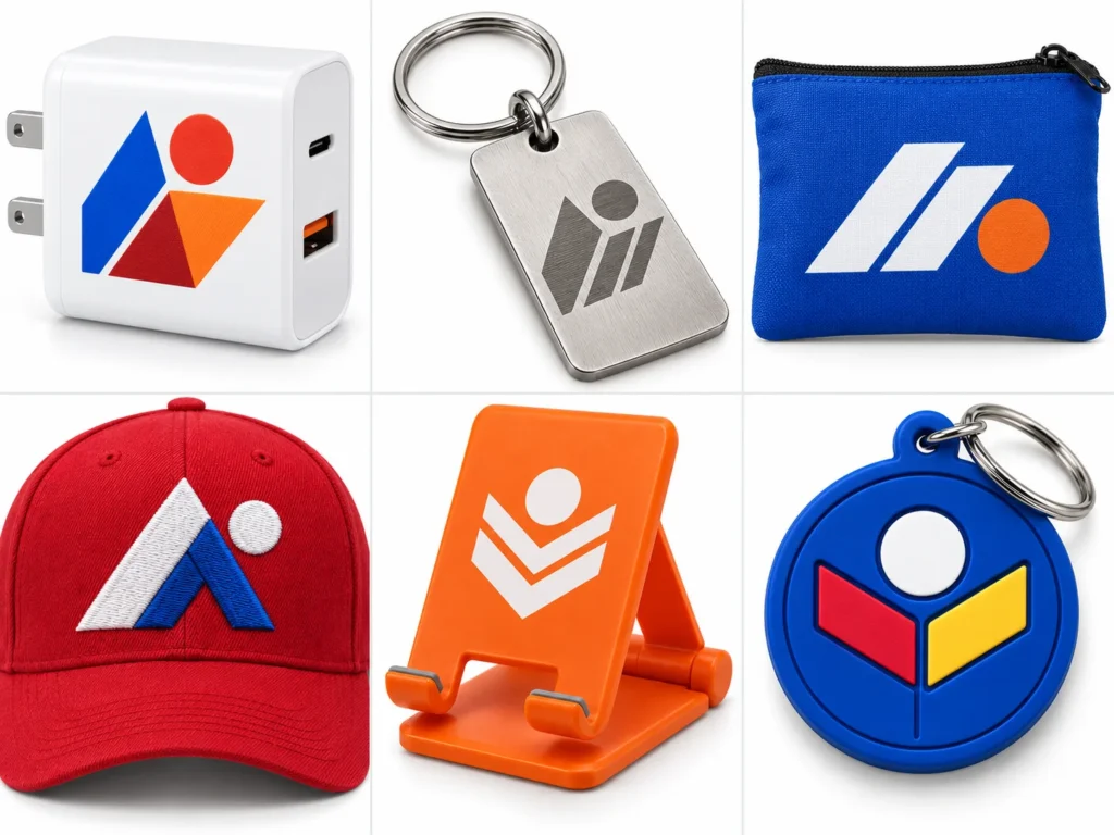 Printed, engraved, heat-transferred, embroidered and molded promotional product branding samples