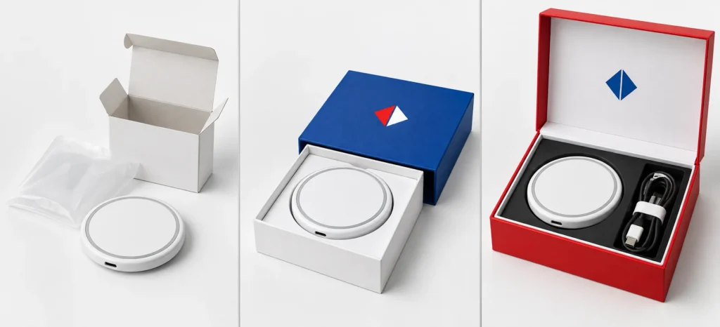The same wireless charging accessory shown with standard, adapted and custom promotional packaging