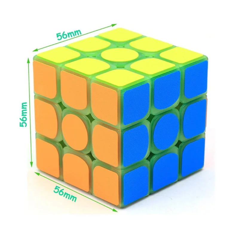 Dimension layout of a luminous glow in the dark rubiks cube 3x3 showing standard 56mm scale proportions