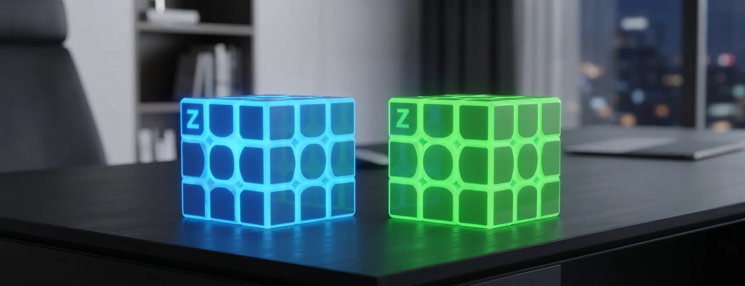 Wide introduction banner showing a luminous glow in the dark rubiks cube 3x3 on a modern desk