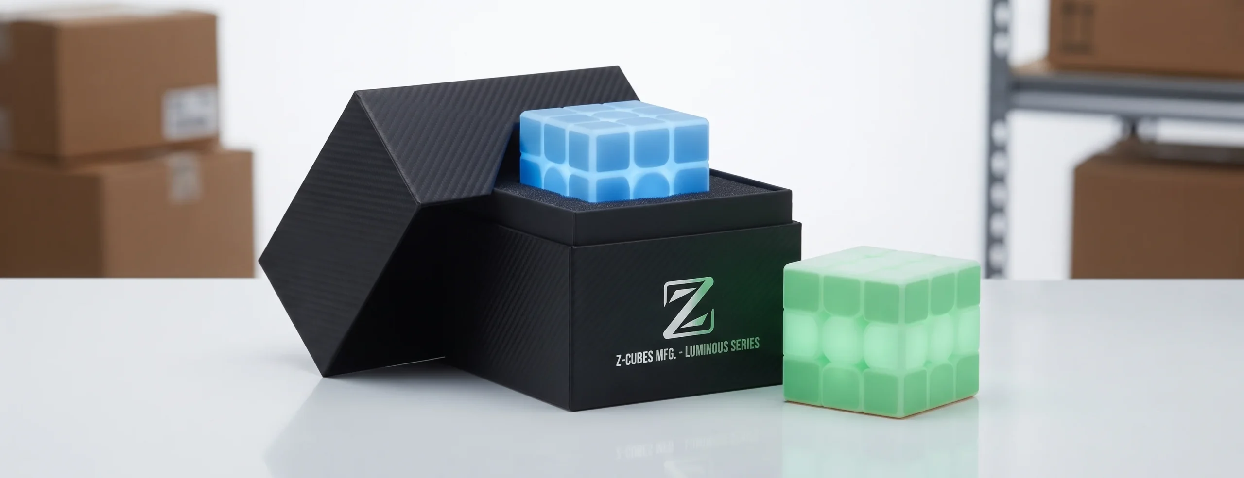 Luminous glow in the dark rubiks cube 3x3 displayed with individual retail presentation gift box packaging
