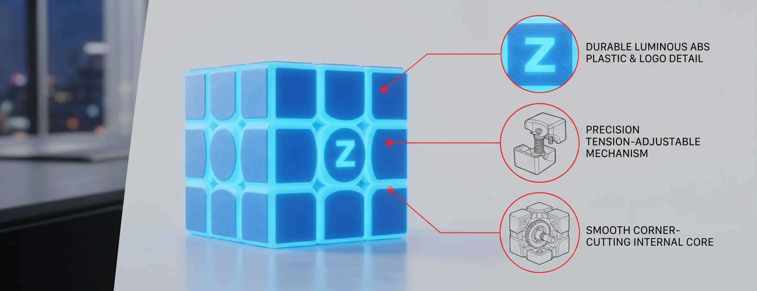 Technical specifications view of a luminous glow in the dark rubiks cube 3x3 highlighting ABS plastic and PVC build quality